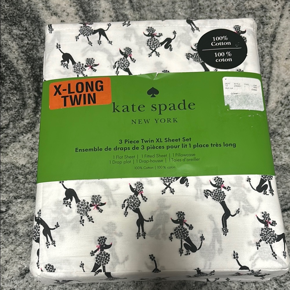 4-pc Kate Spade TWIN XL Sheet Set Black French Dancing Poodle 100%Cotton NWT